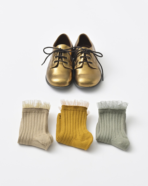 LILI et NENE キッズ COLLEGIEN KIDS Margaux-Tulle Frill Ribbed Ankle Socks（188  sauge）24/27-32/35